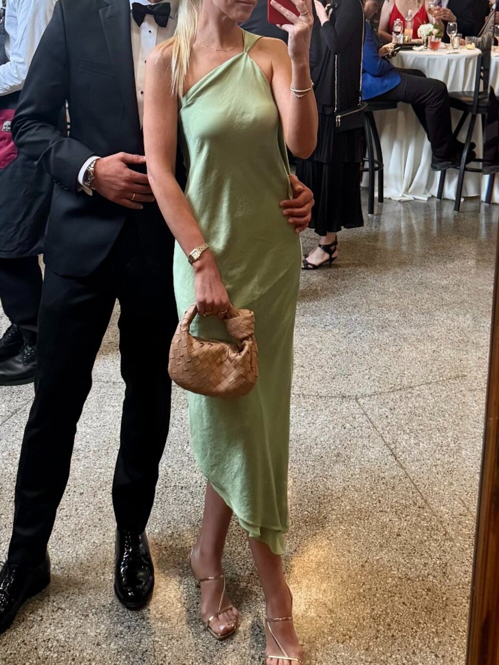 Mango One Shoulder Drape Satin Midi Dress Light Sage Green XS